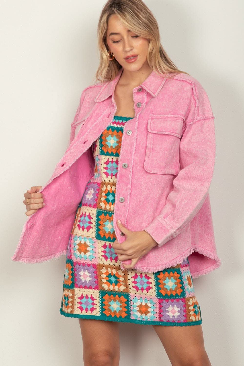 VERY J Full Size Button Up Raw Hem Long Sleeve Jacket - Love Salve